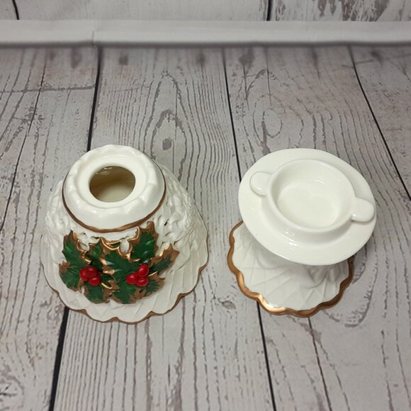 Poinsettia Christmas Tea Light Candle Holder 2pc Gold Red Green Ceramic 7" - Picture 7 of 11